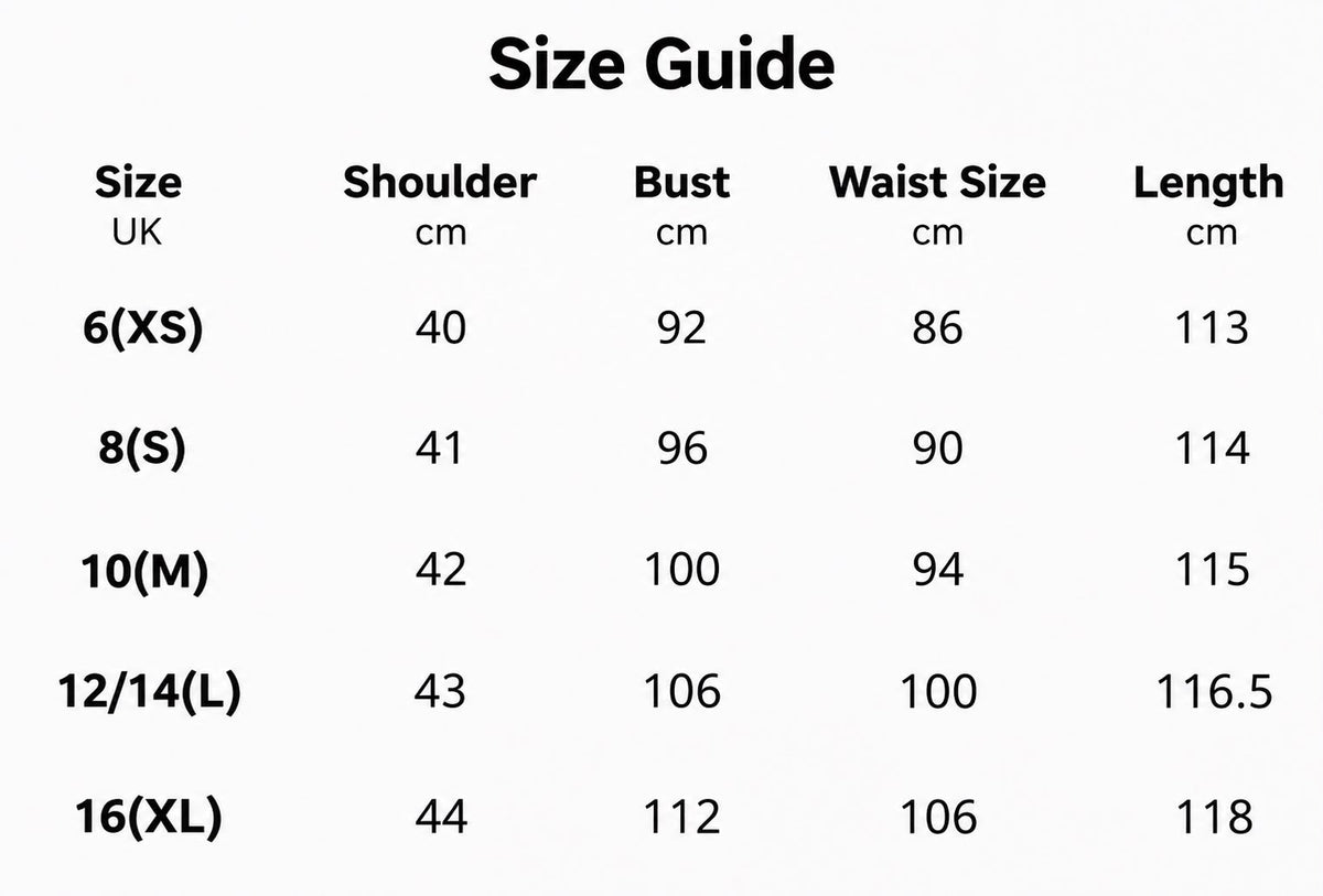 Women's coat size guide with UK sizes 6 to 16, shoulder, bust, waist and length measurements in centimetres