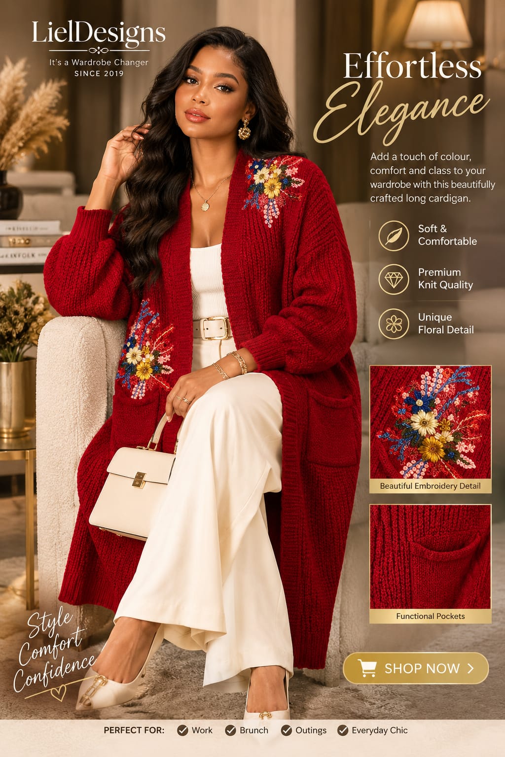 Red floral embellished longline cardigan promotional styling image