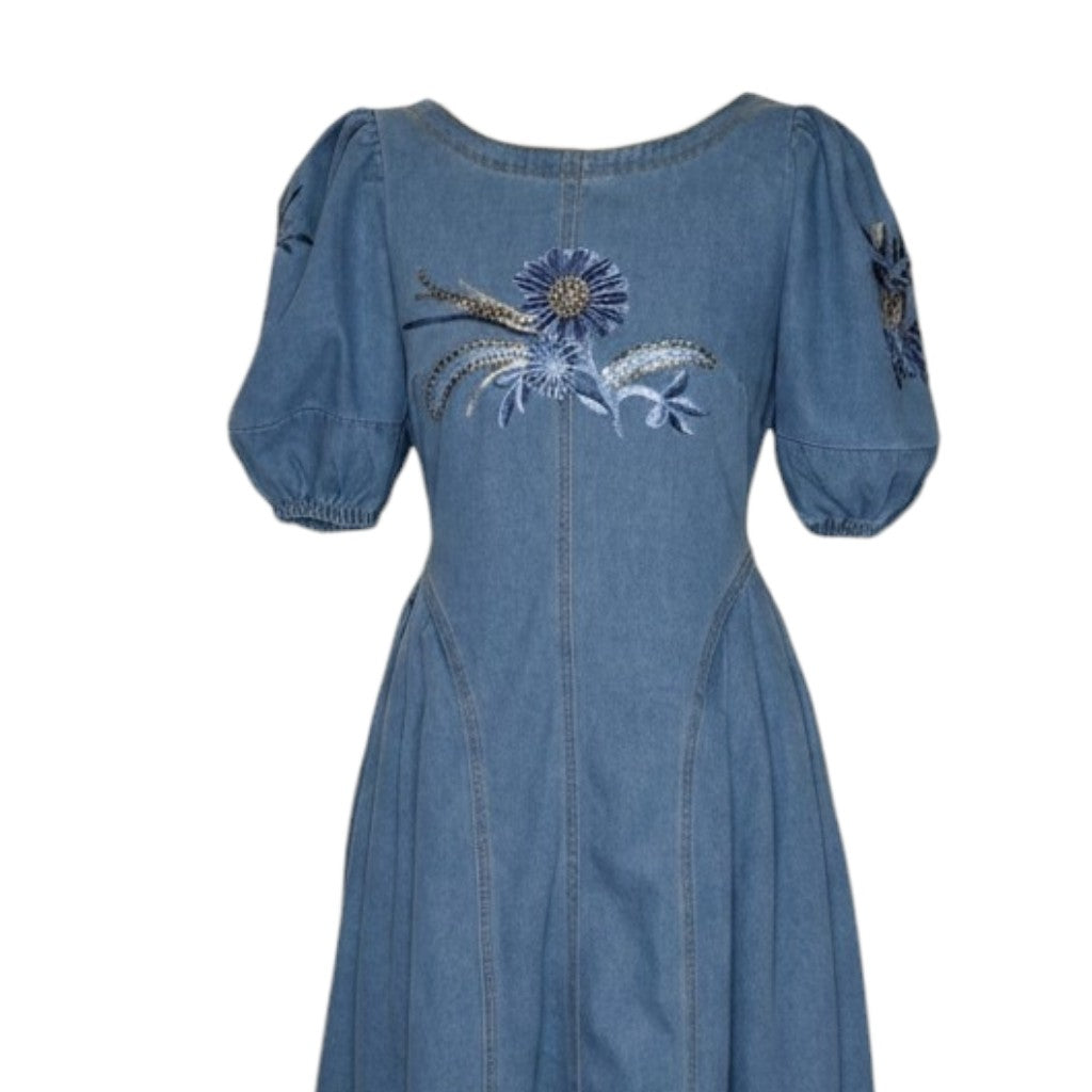 Women's Blue Denim Floral Embroidered Midi Dress with Pockets