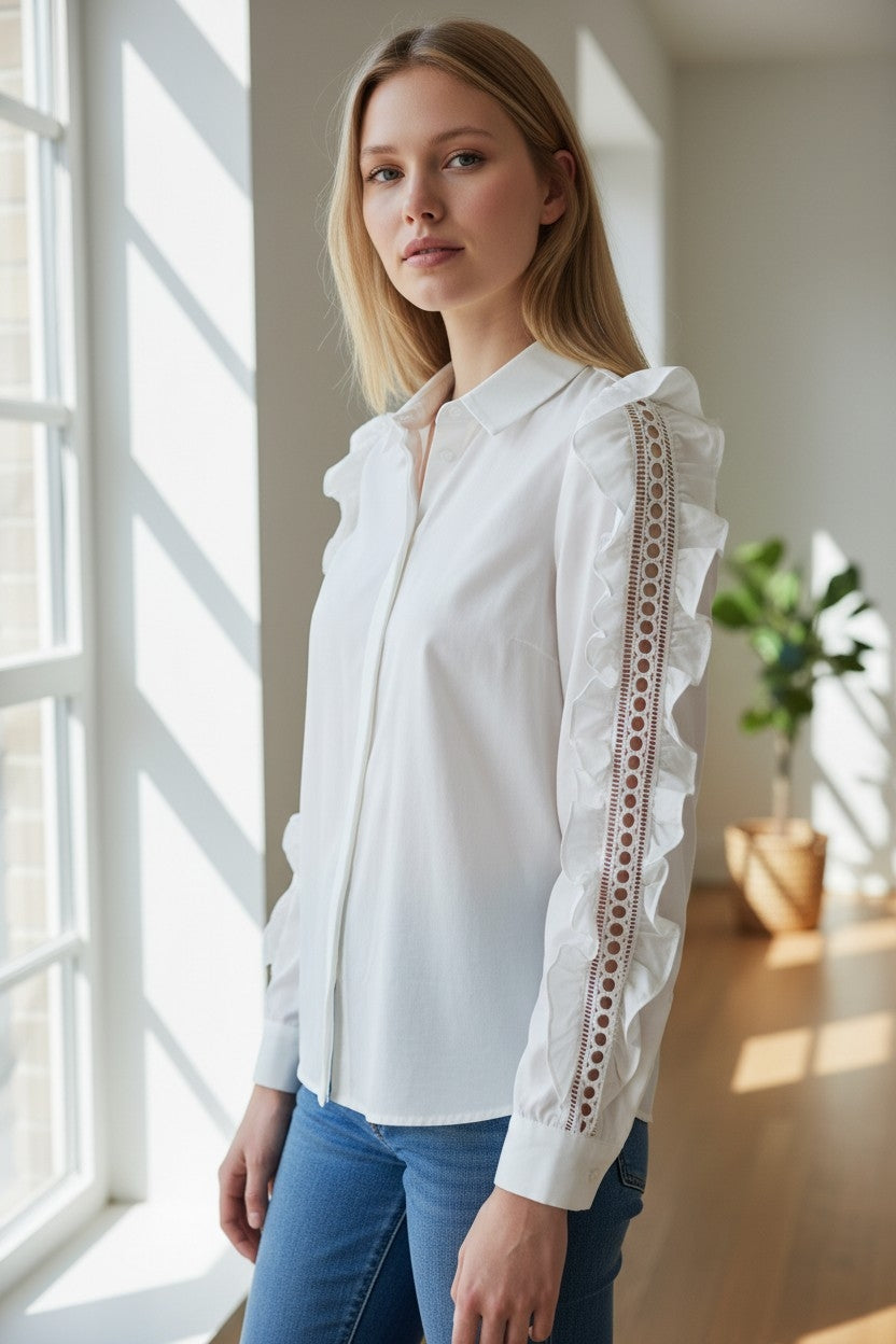 White ruffle sleeve shirt - front mannequin shot