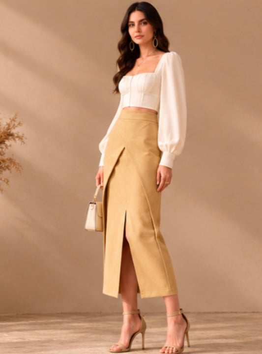 Camel asymmetrical wrap midi skirt styled on a model
