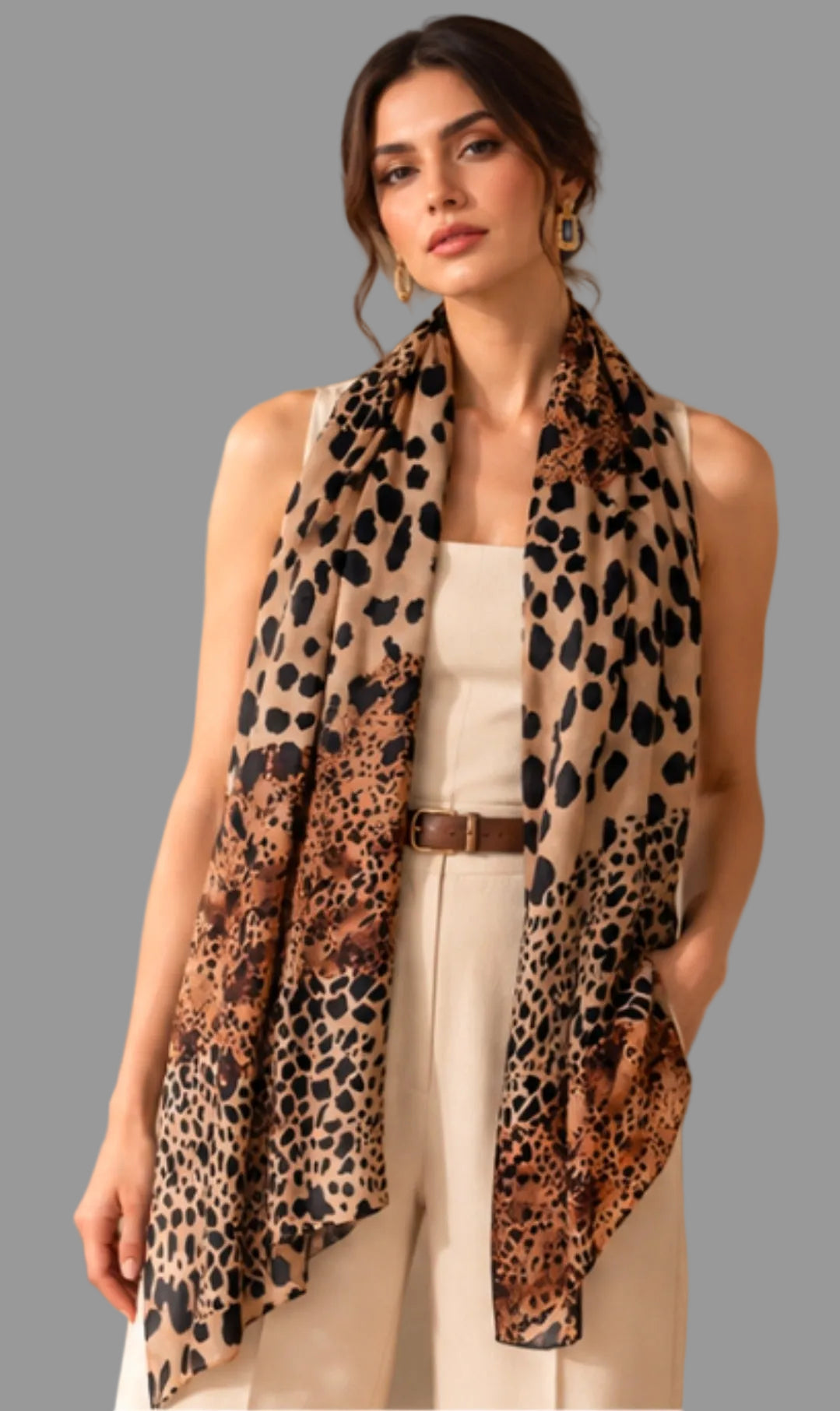 Leopard print scarf styled on a model