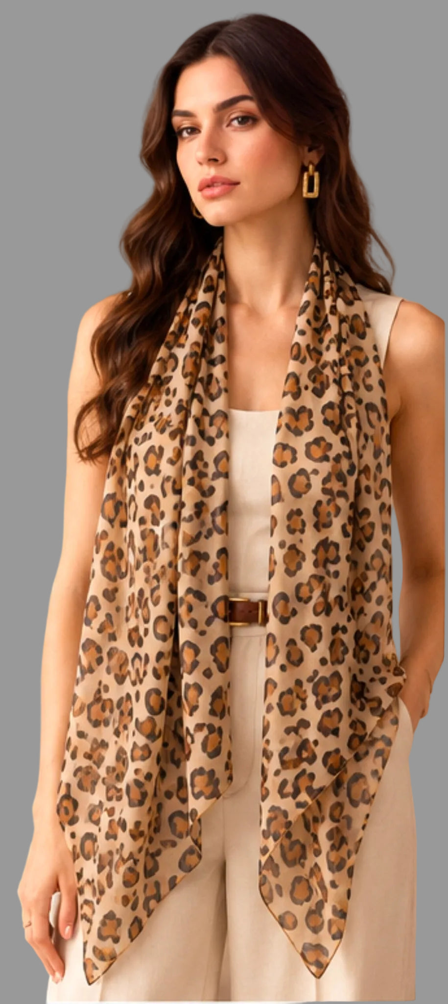 Leopard print scarf styled on a model