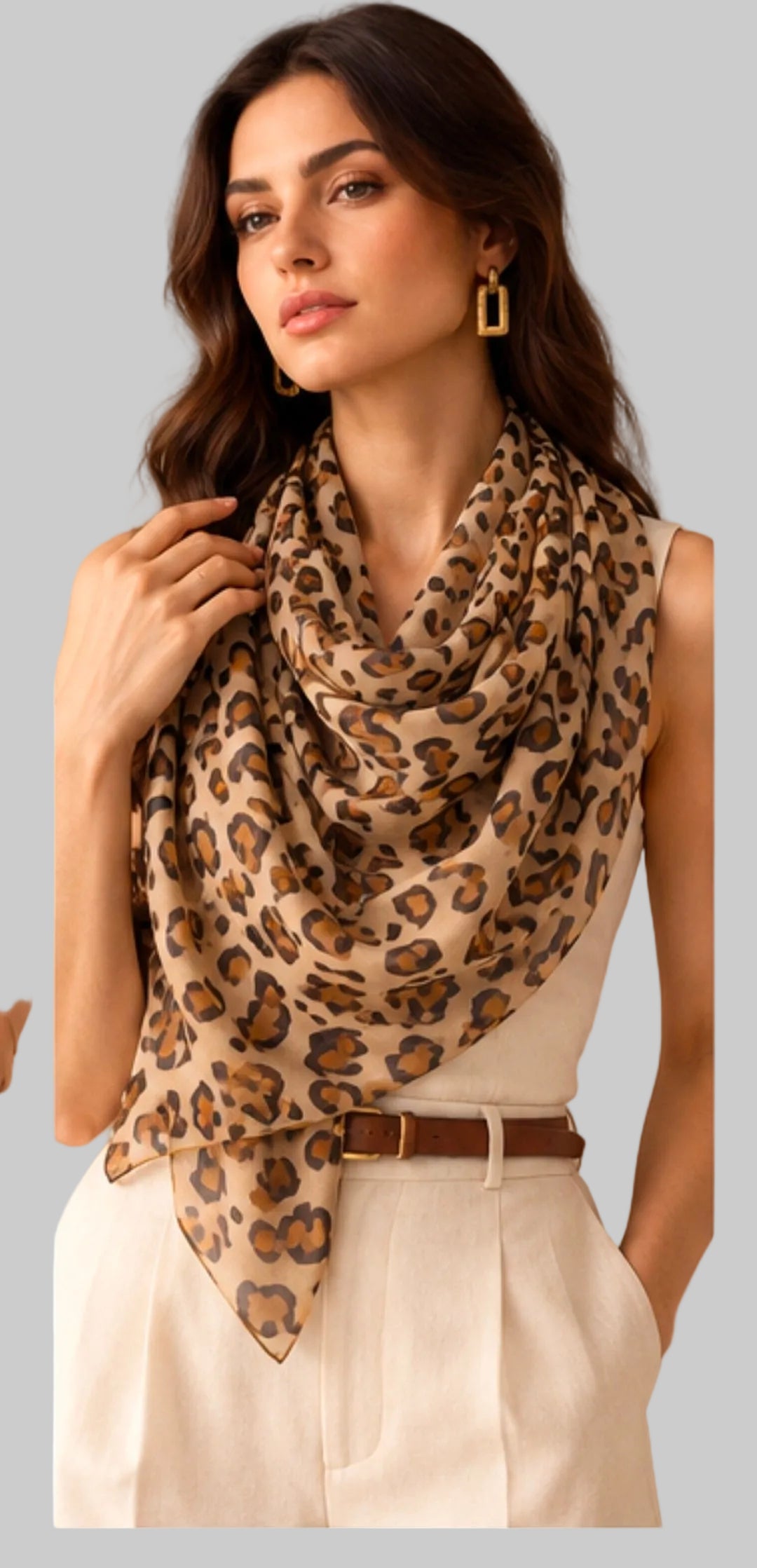 Leopard print scarf styled on a model