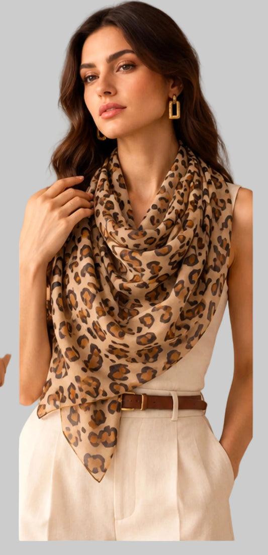 Leopard print scarf styled on a model