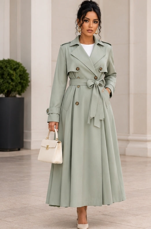 Rear angle of a sage-green belted trench coat on model