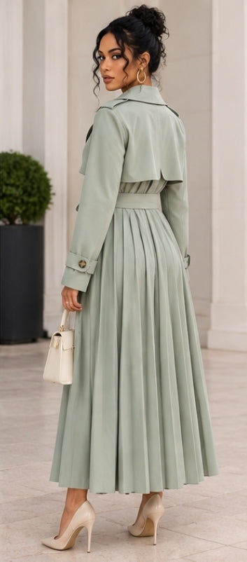 Back view of a sage-green belted trench coat on model