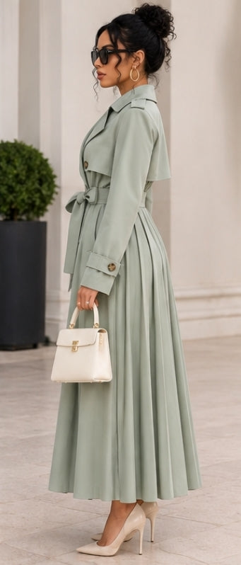 Front angle of a sage-green belted trench coat on model