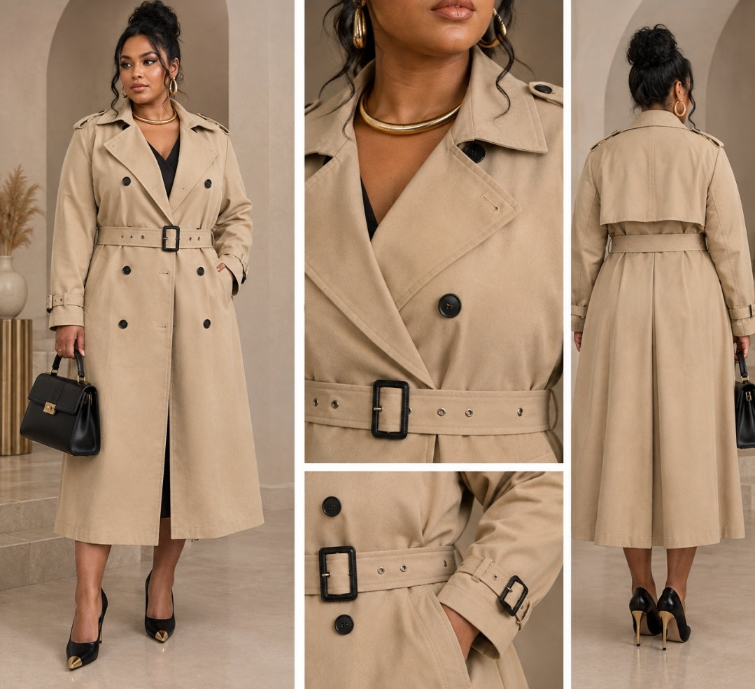 Back detail view of a beige belted trench coat on model