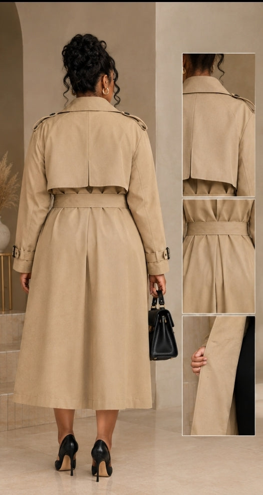 Front view of a beige belted trench coat on model