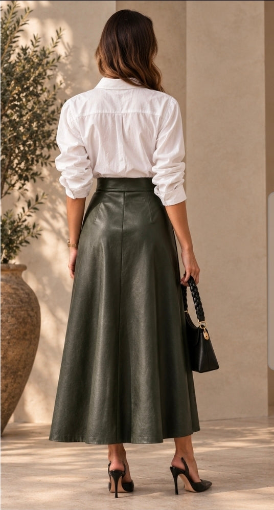 Green leather A-line midi skirt styled with a white blouse, rear view