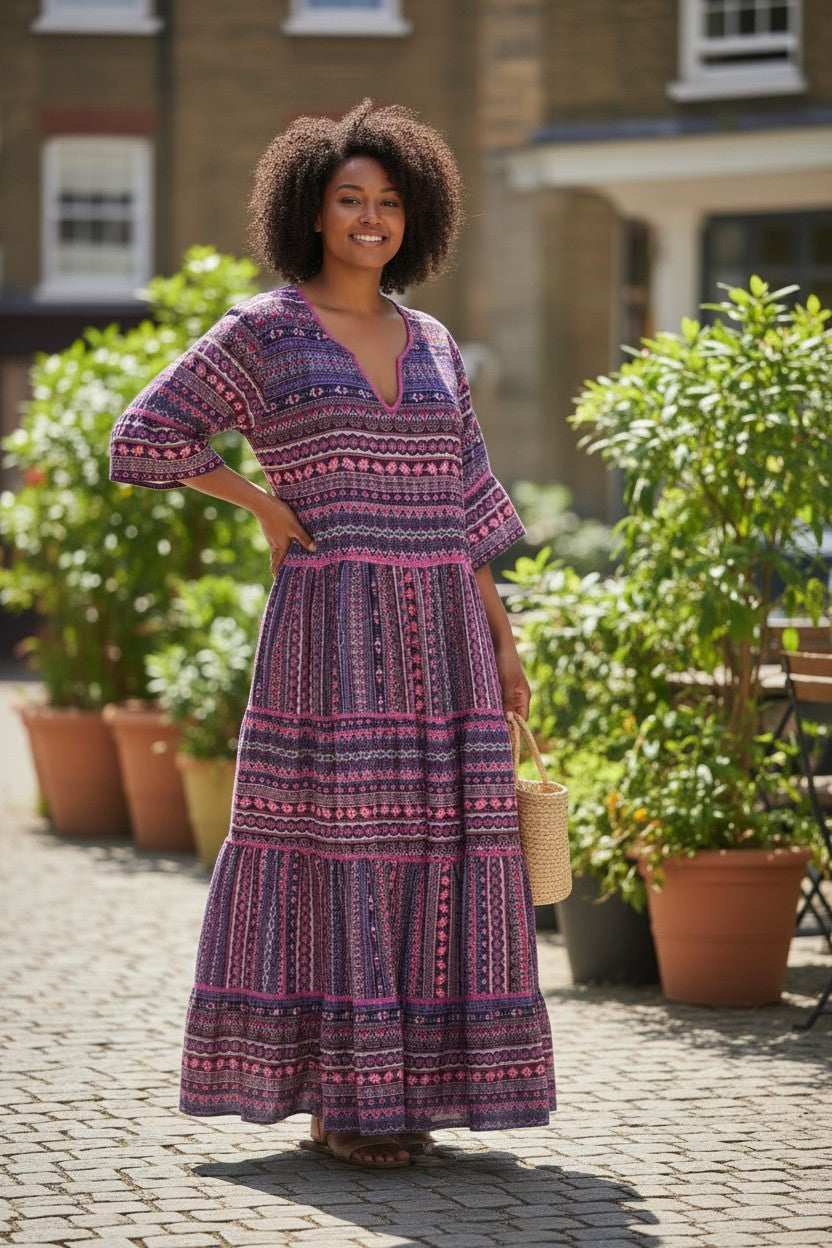 Tiered maxi dress in lilac and navy with patterned yoke and tiered skirt