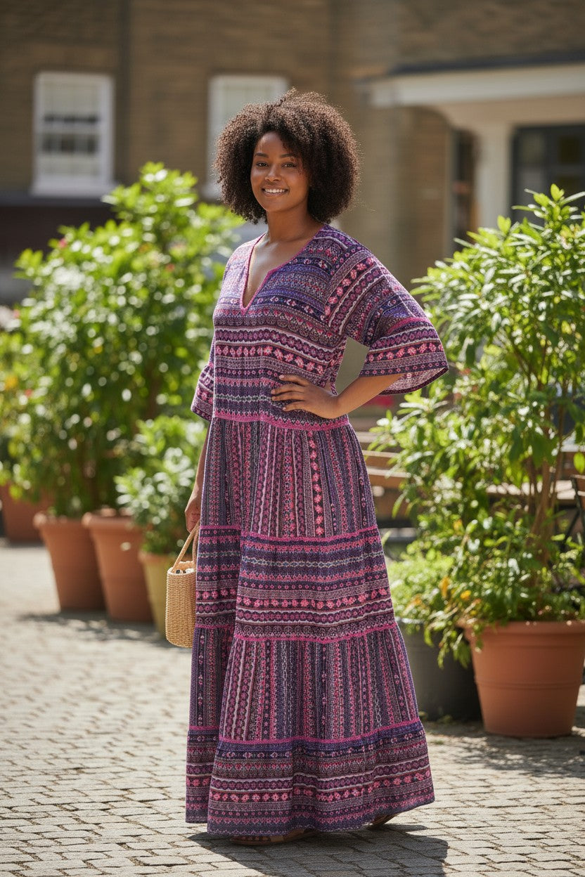 Tiered maxi dress with V-neck and gathered waist, lilac-and-navy striped pattern