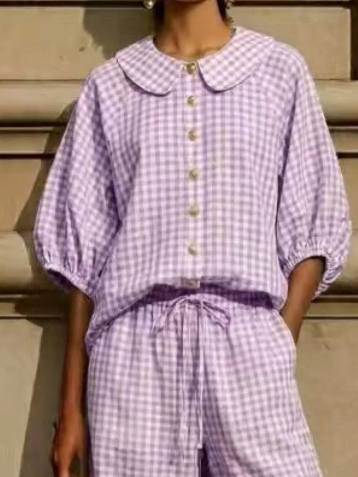 Lavender check plaid shirt and pants set, collared button front with balloon sleeves and tied waist