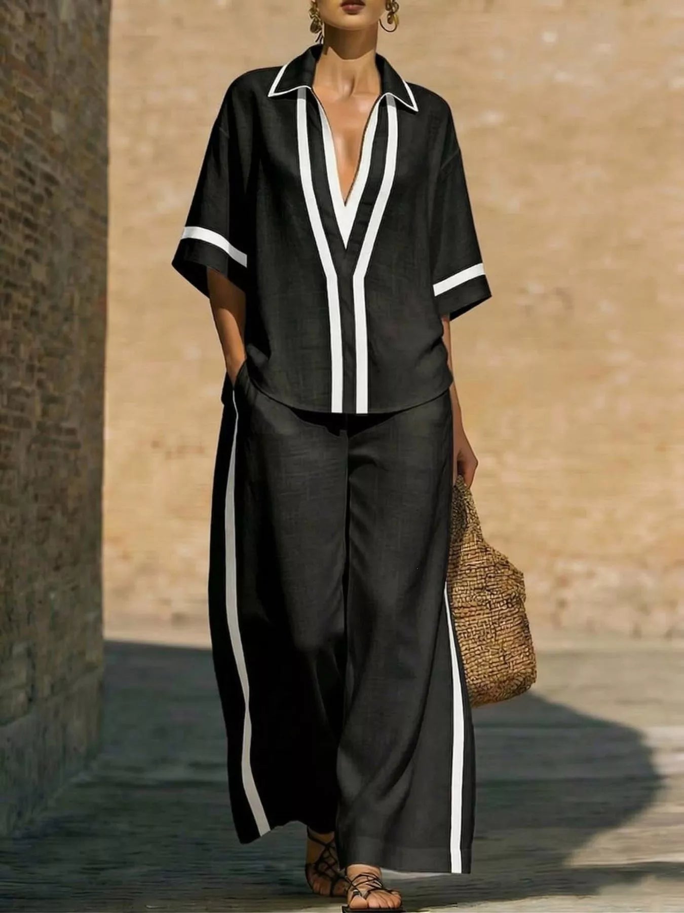 Plus-size contrast-trim top and pants set, black with white-and-black V-neck stripe detail