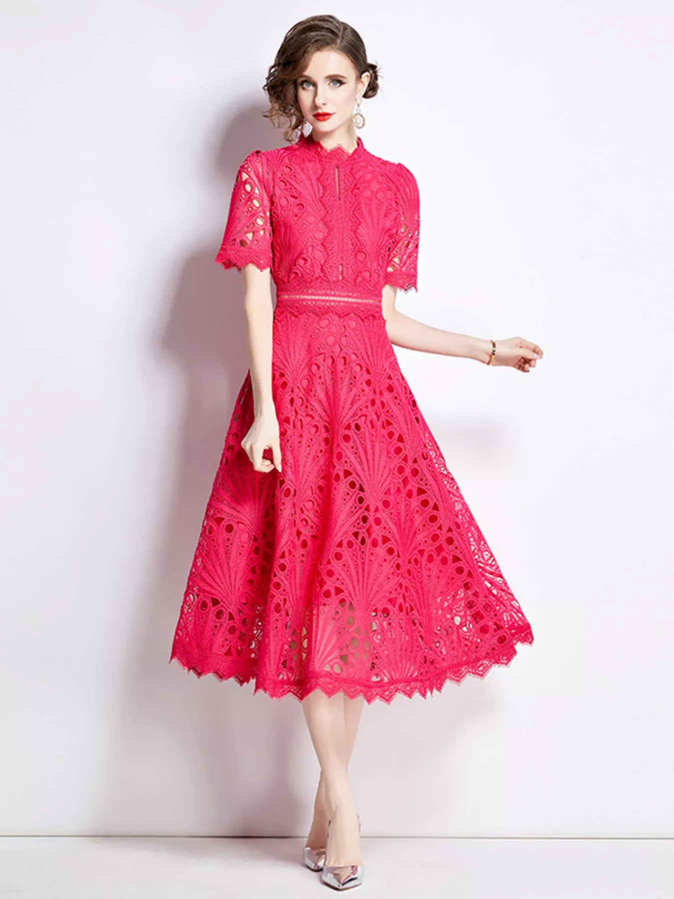 Red lace midi dress with short sleeves, high neckline, flared eyelet skirt