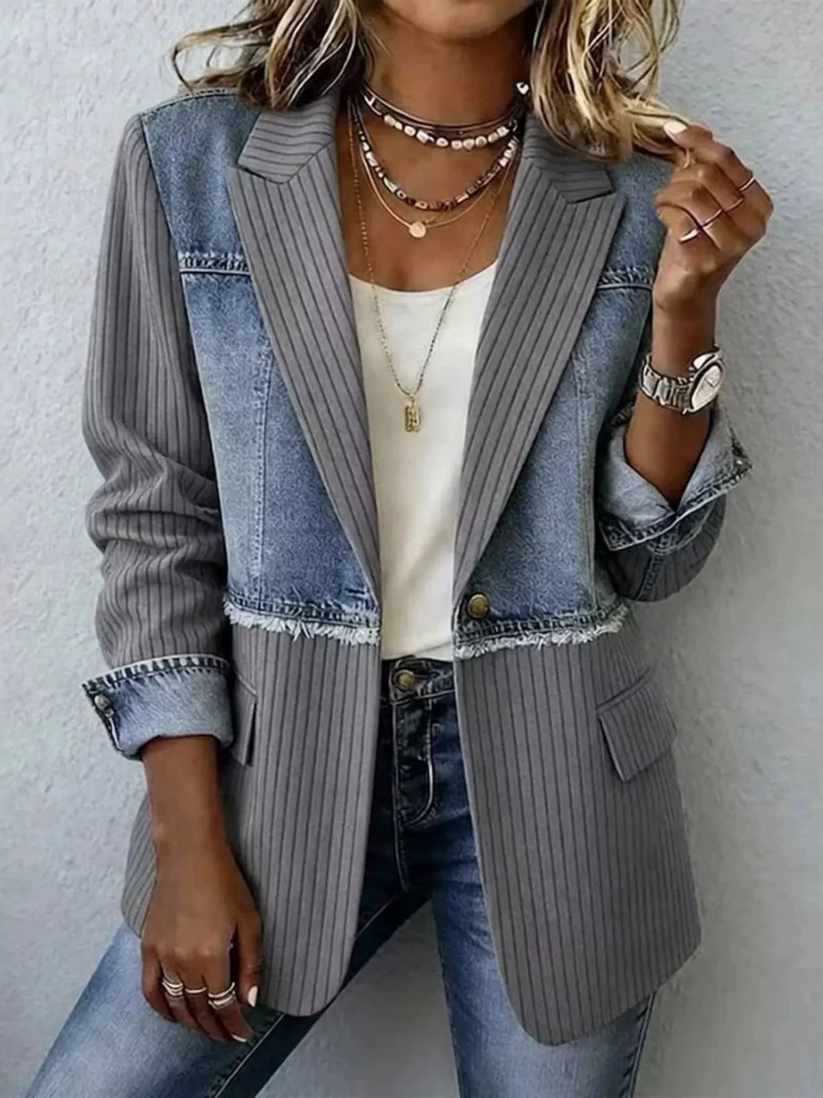 Patchwork ribbed blazer with light blue denim and dark gray striped panels