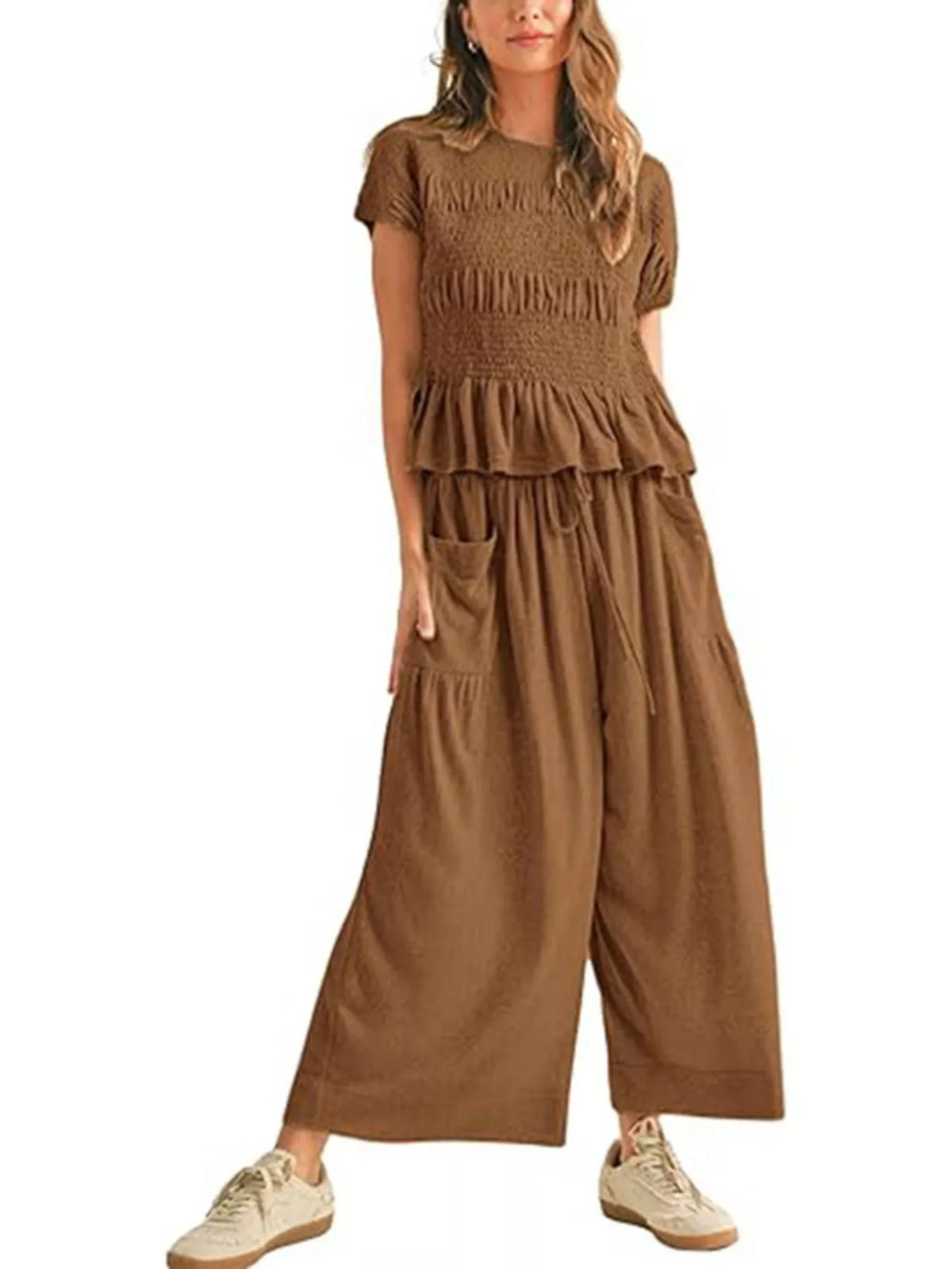 Brown smocked peplum top and wide-leg pants set, short sleeves, tiered peplum.