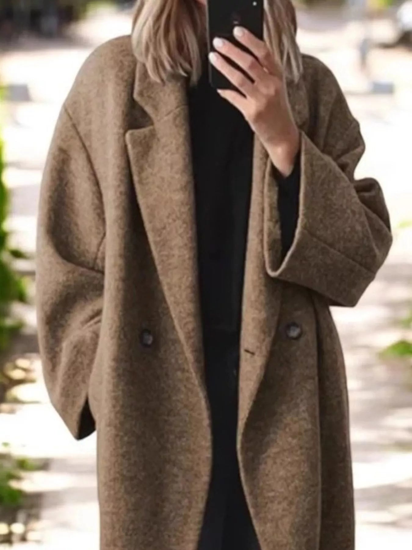 Camel brown longline wool-blend coat with notch lapels and buttoned double-breasted front