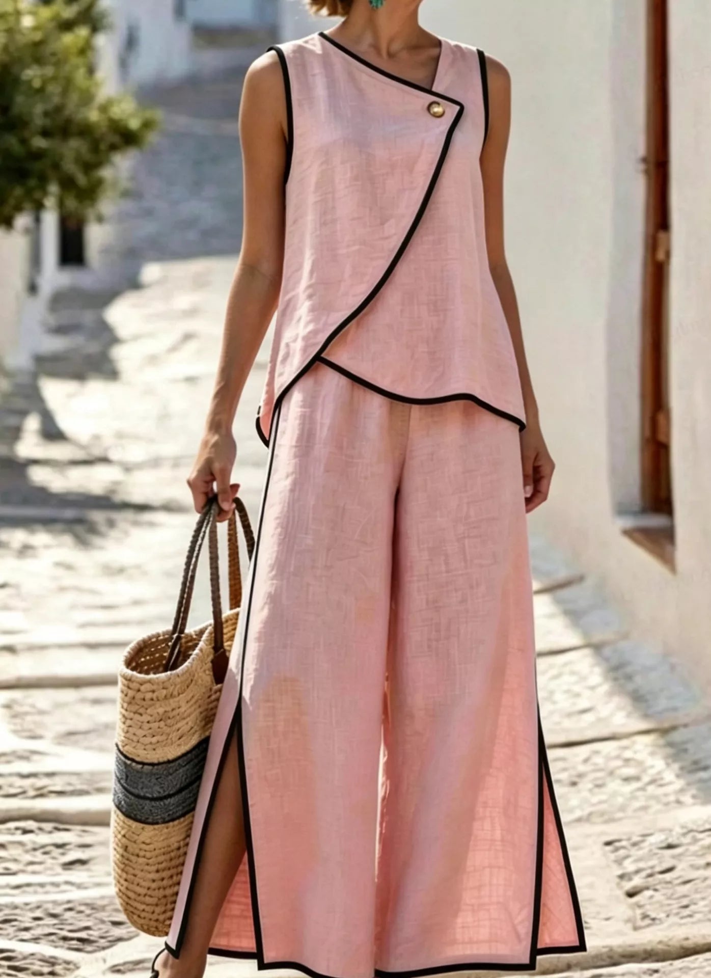 Light pink two-piece set with sleeveless wrap-style top and wide-leg slit pants, black edging