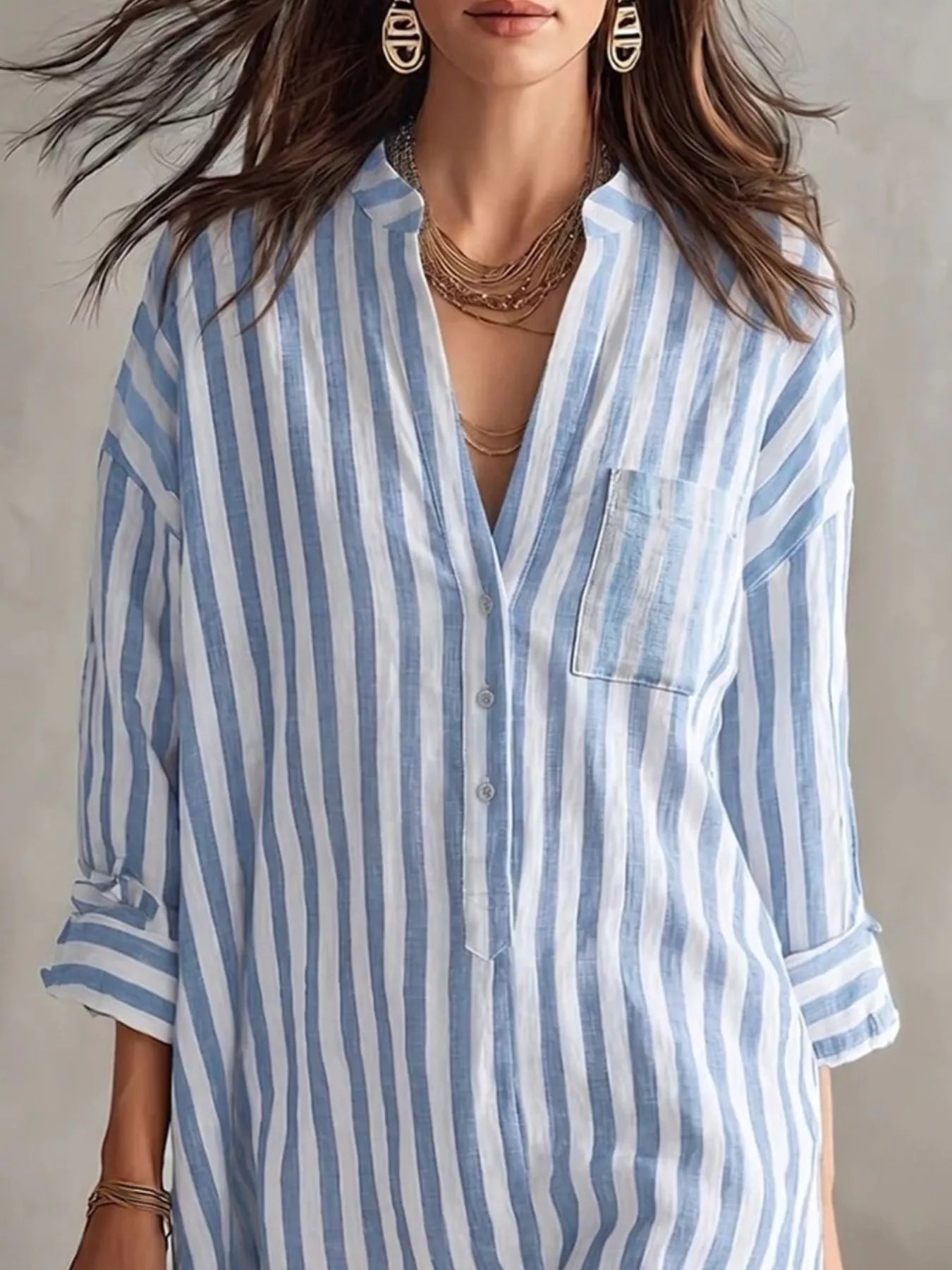 Blue-and-white striped shirt dress, V-neck button front, 3/4 sleeves, chest pocket