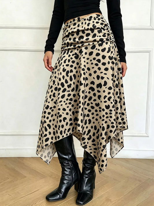 Khaki leopard print midi skirt with asymmetrical draped hem, layered look