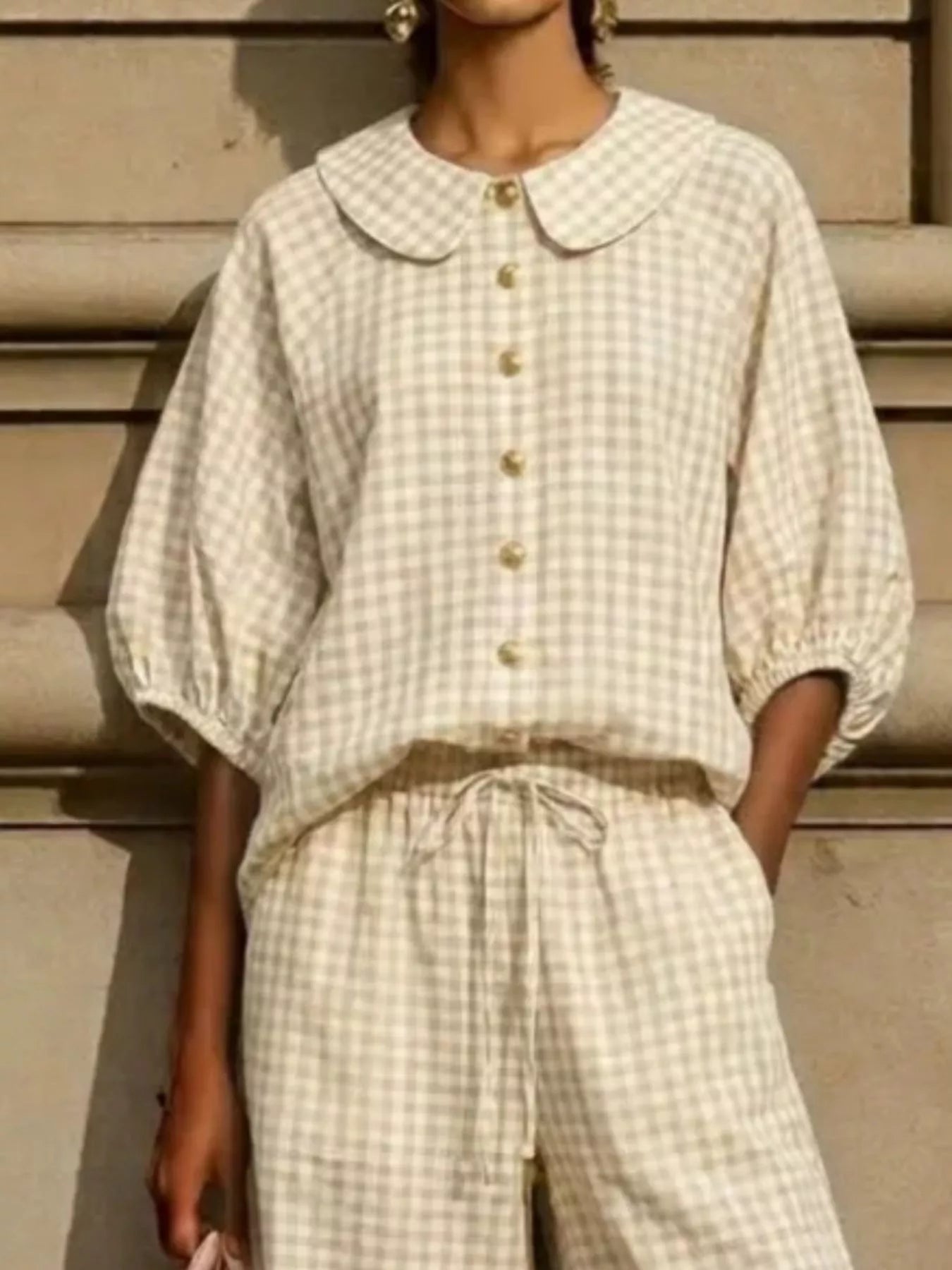Light khaki check plaid shirt and pants set with puff sleeves, front buttons, drawstring waist.
