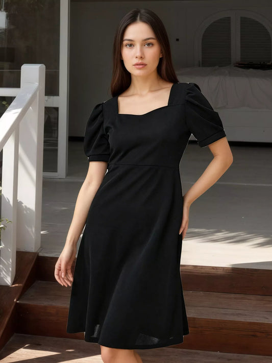Black puff sleeve mini dress with square neckline, fitted waist, A-line skirt