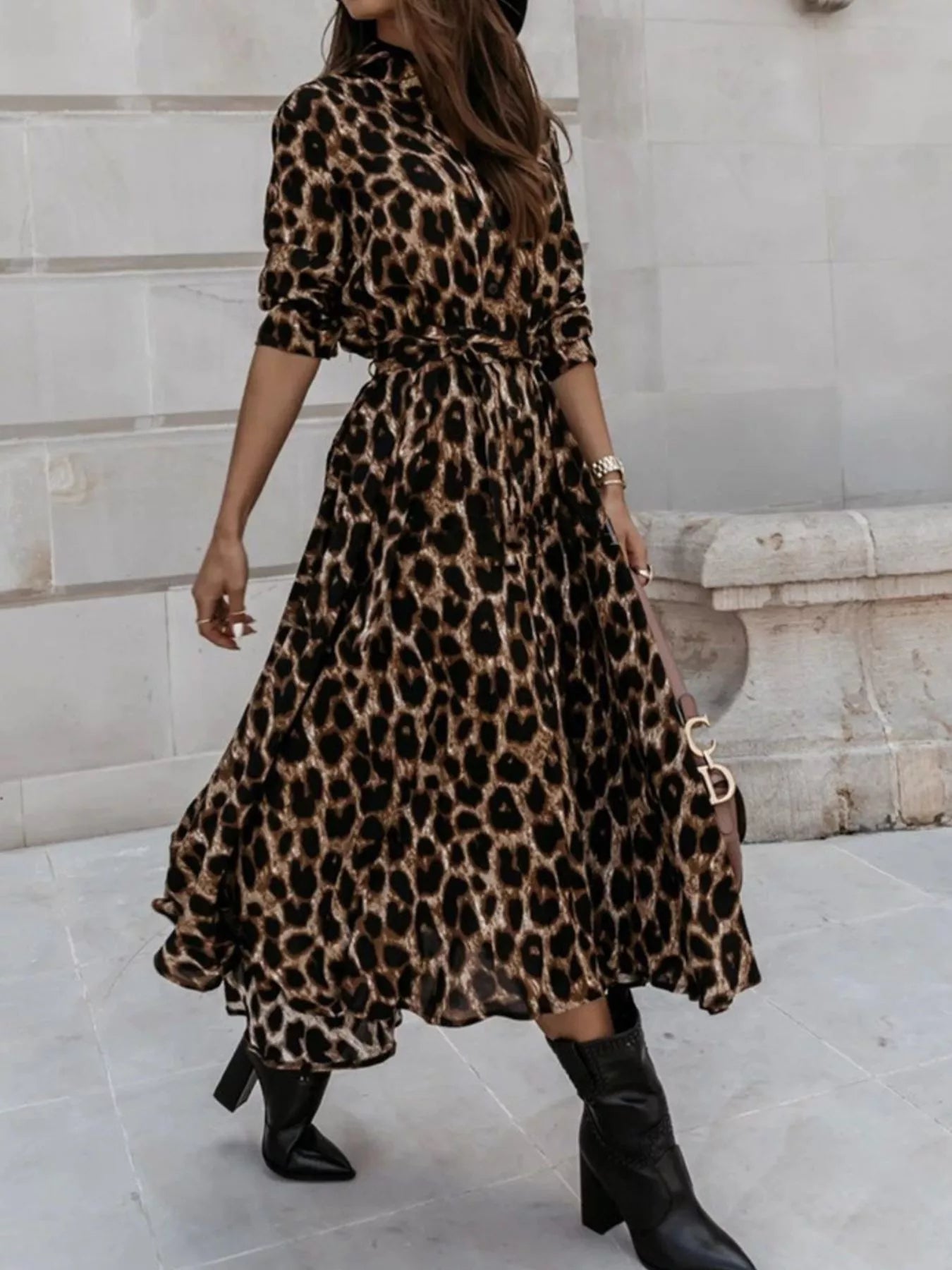 Leopard-print belted midi dress with V-neck placket and gathered waist belt, long skirt