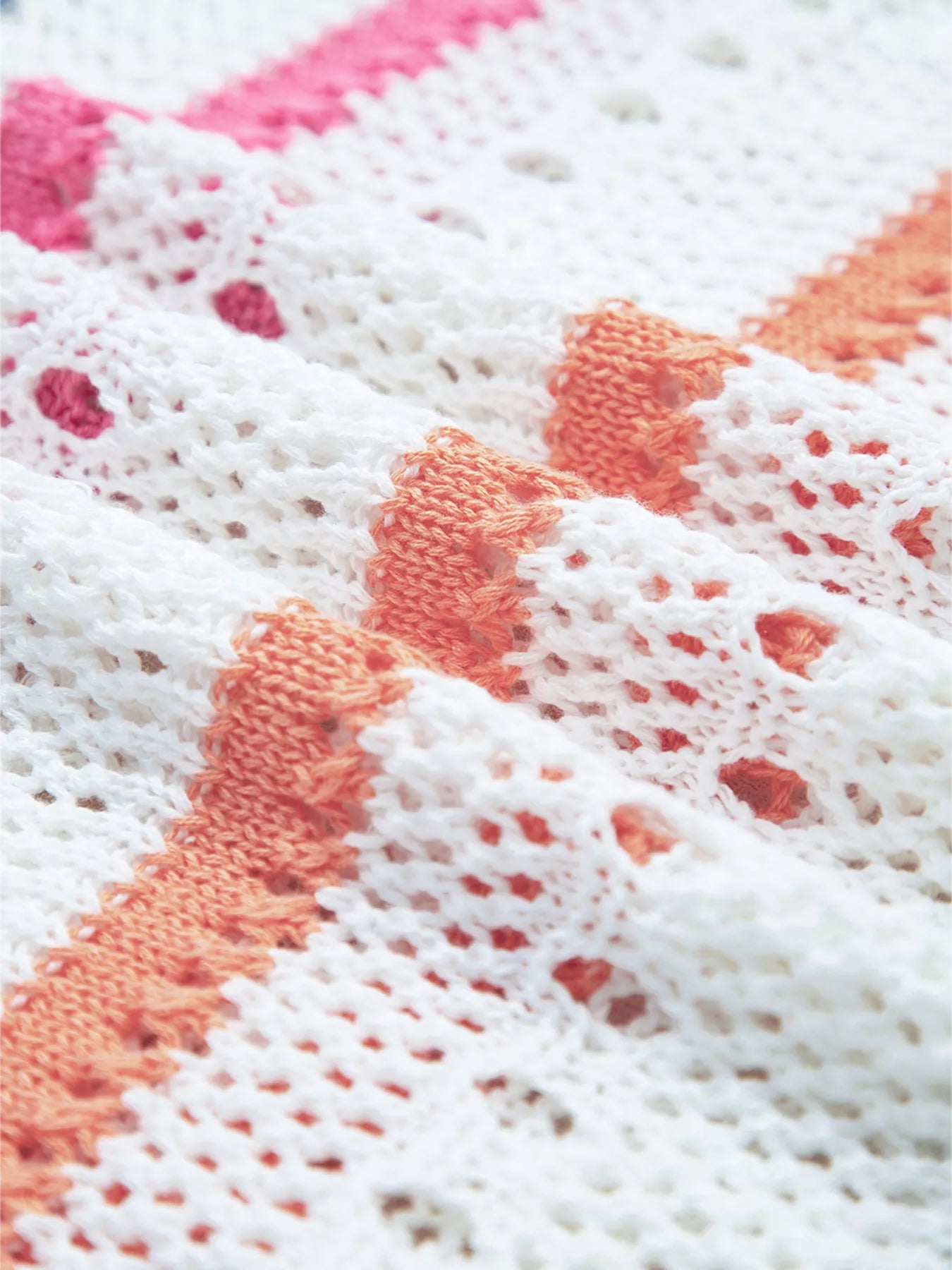 White pointelle knit close-up with orange stripe trim and openwork stitch pattern