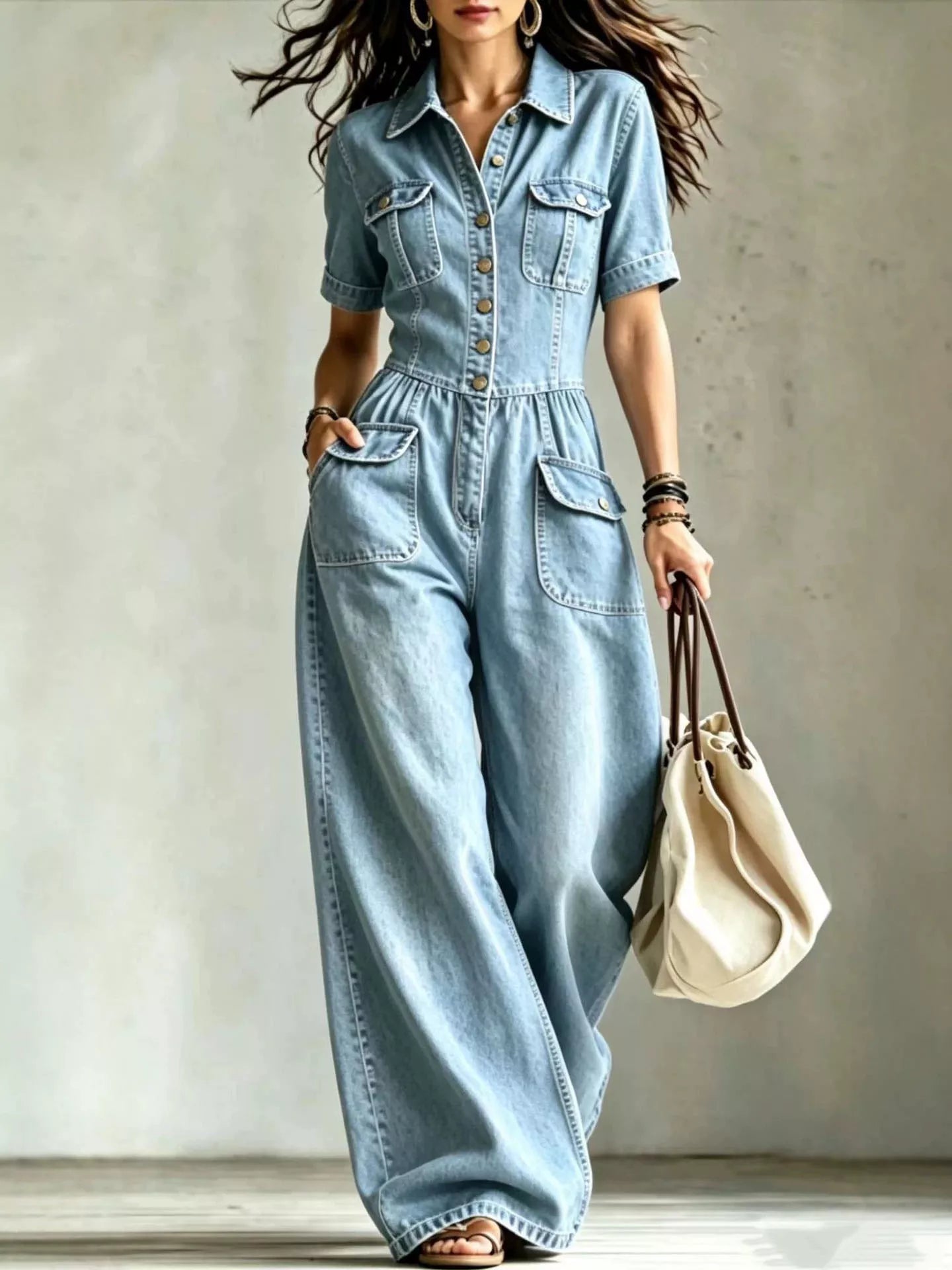Light blue denim wide-leg jumpsuit with chest pockets and short sleeves