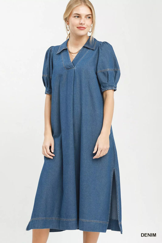 Denim chambray collared puff-sleeve dress with button V neckline and side slit hem