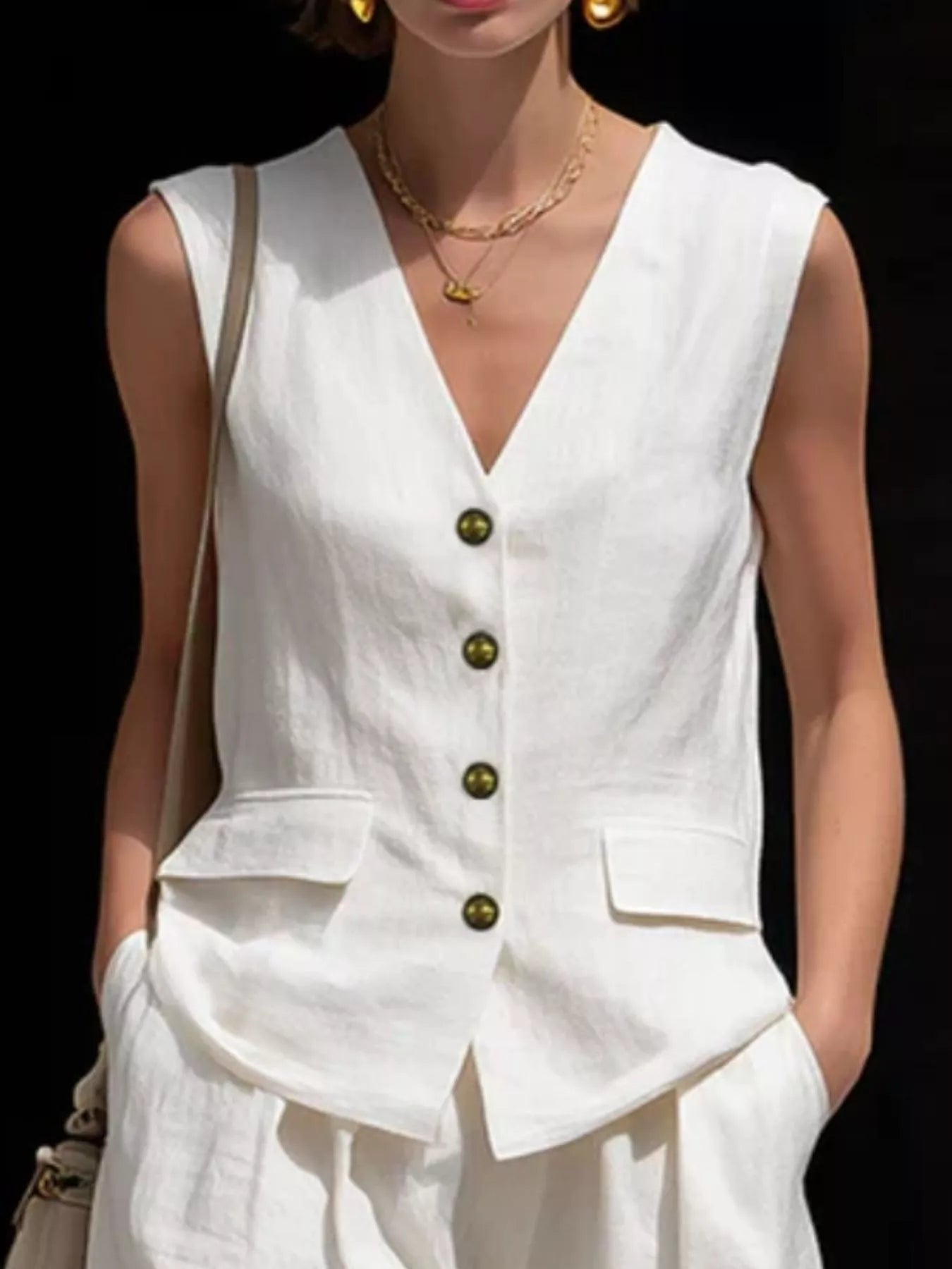 White sleeveless vest and shorts set, V-neck button front with patch chest pocket