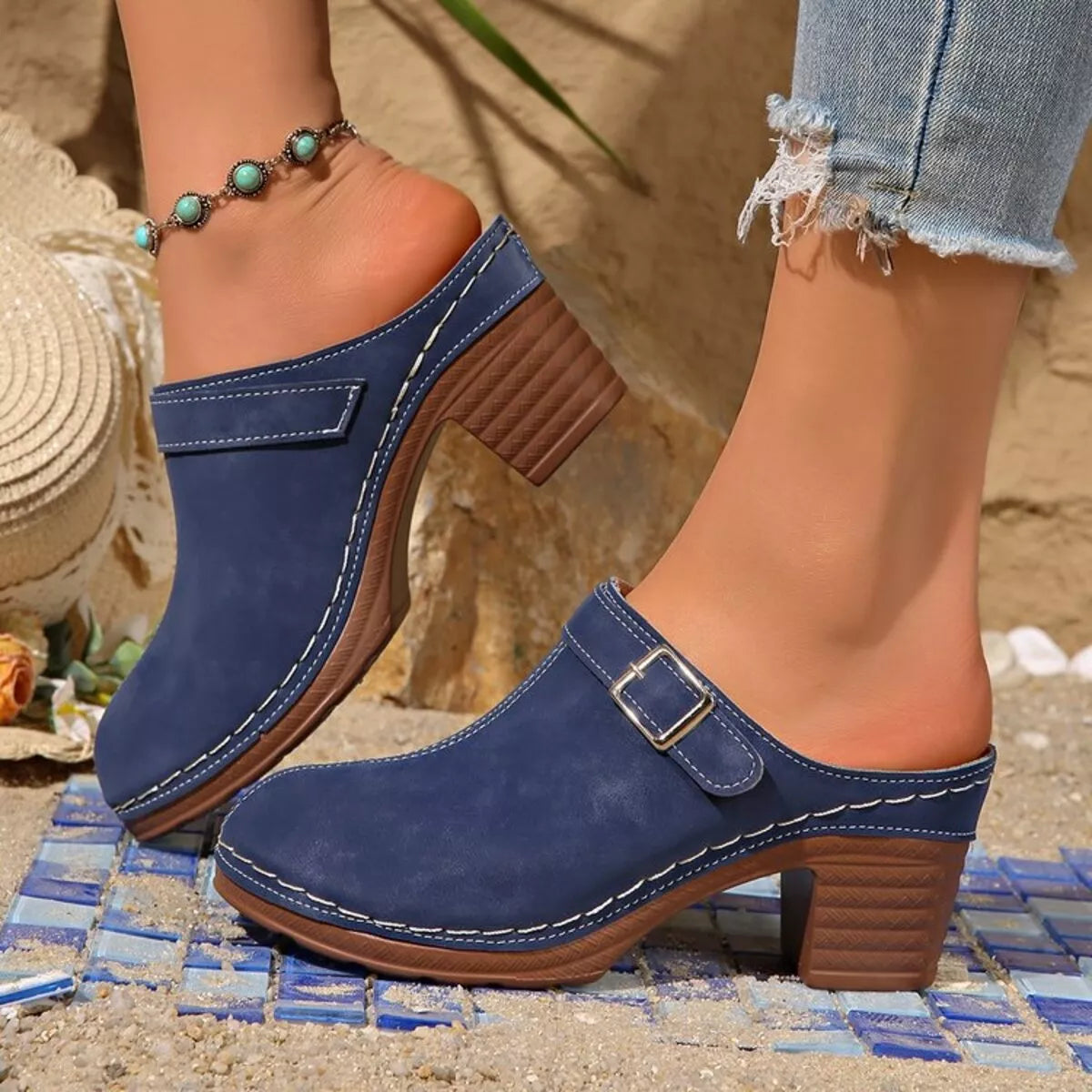 Blue suede-look heeled sandals with round toe, side buckle strap, block heel