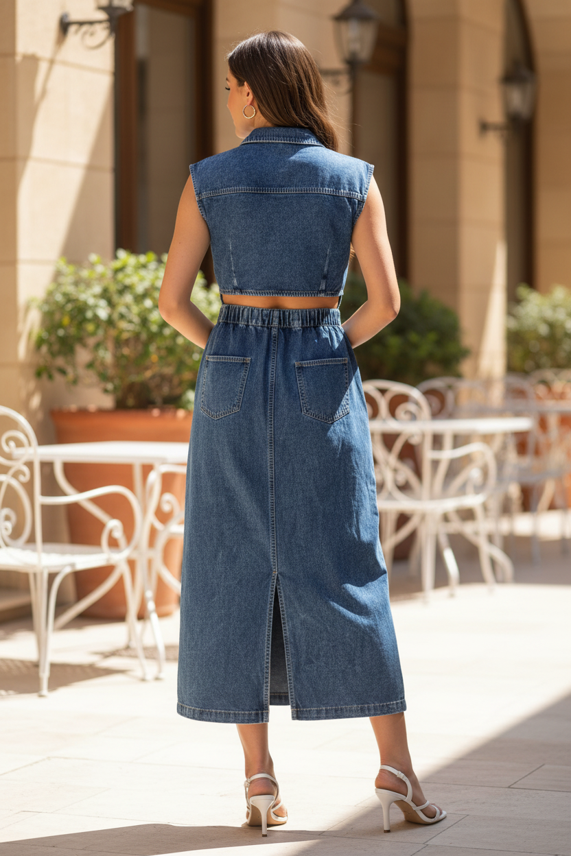 Back view: sleeveless acid-wash denim midi dress with open back cutout and waist tie