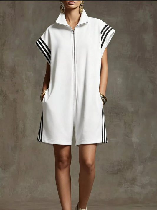 White zip-front striped romper with short sleeves and stand collar.