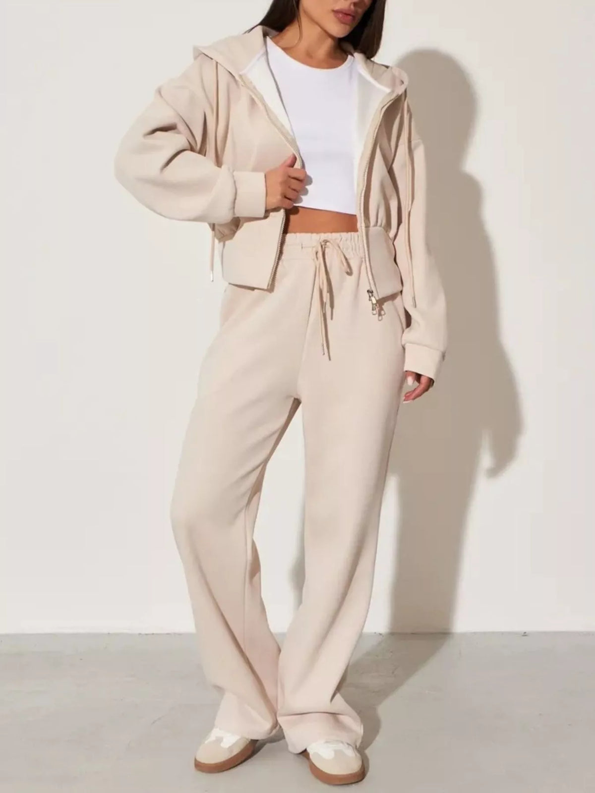 Light apricot zip-up hoodie and wide-leg pants set, drawstring hood, front pocket