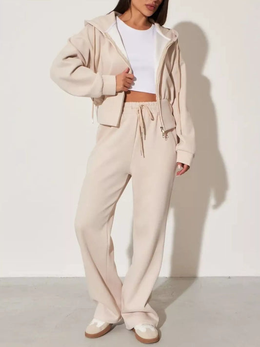 Light apricot zip-up hoodie and wide-leg pants set, drawstring hood, front pocket