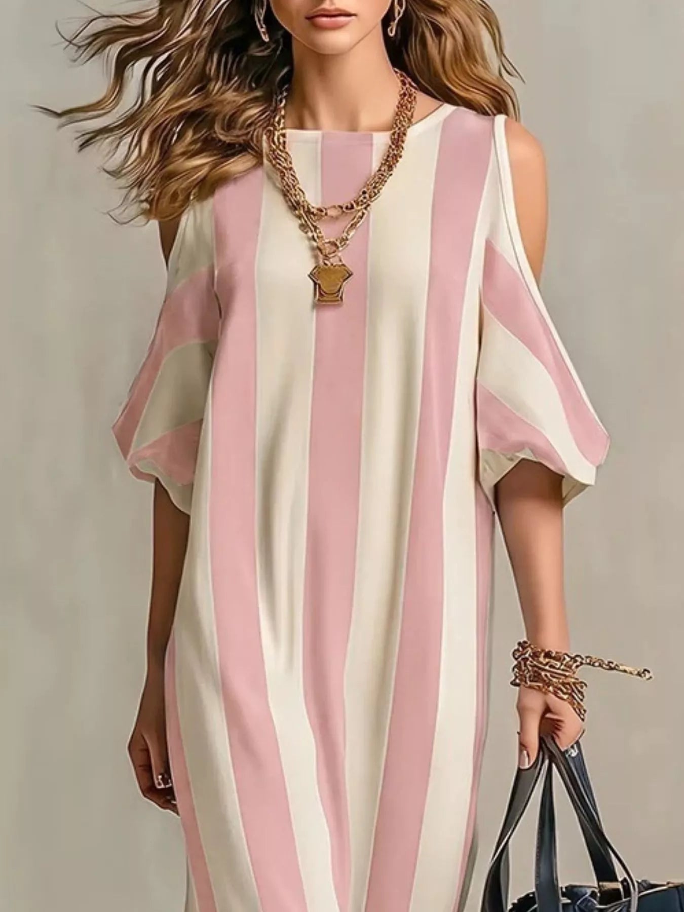 Striped cold-shoulder maxi dress in blush pink and cream with wide draped sleeves
