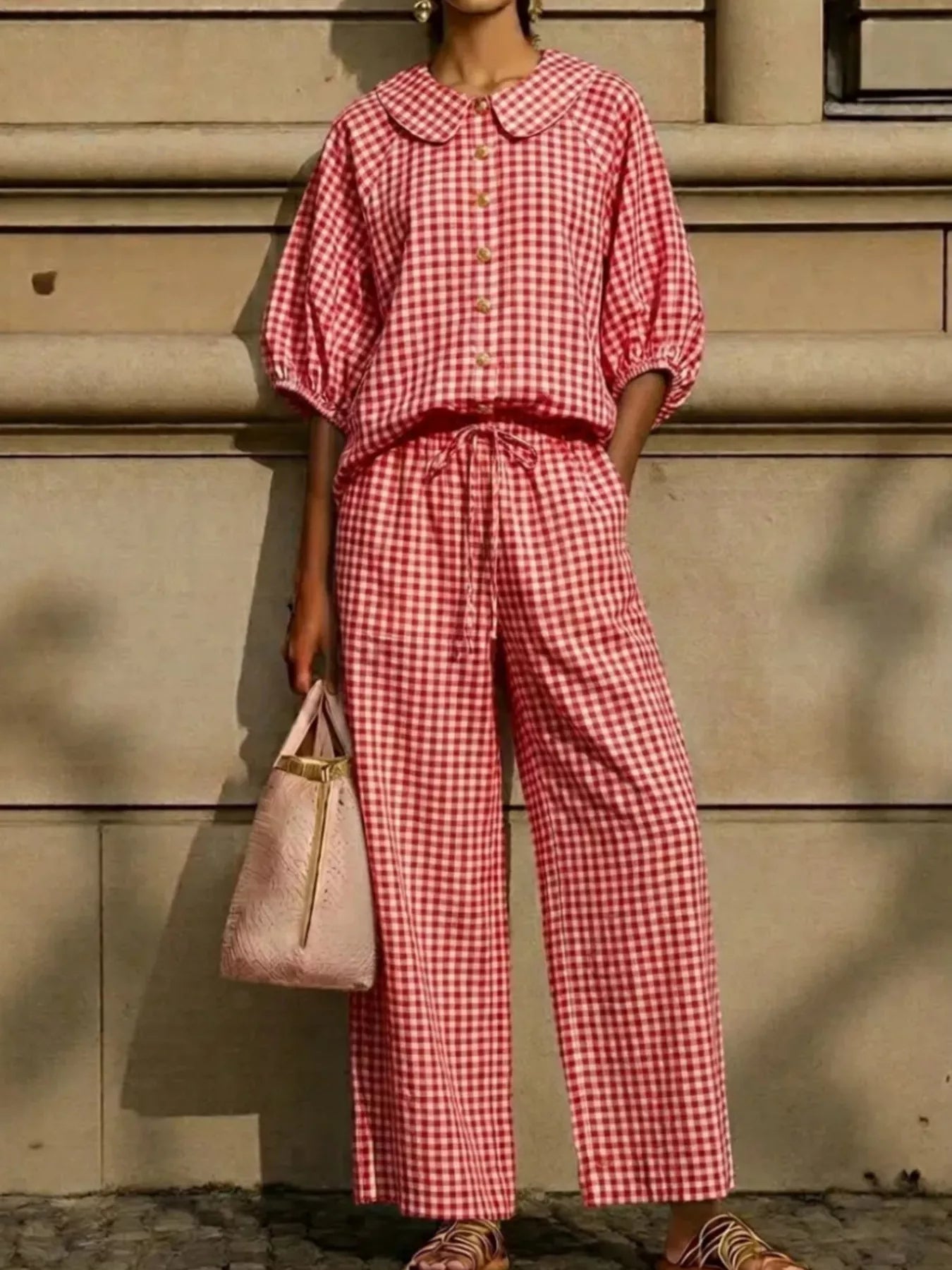 Plaid shirt and pants set in red check, button-up top with puff sleeves and wide-leg drawstring pants