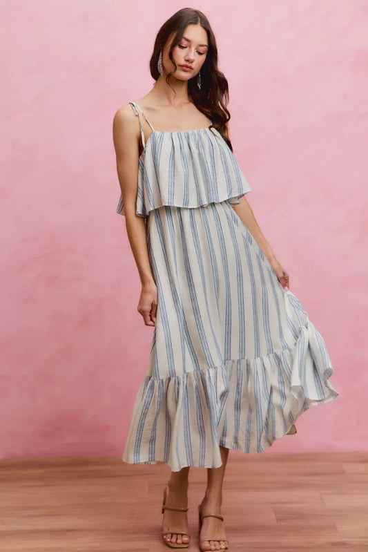 Stripe tiered shoulder tie midi dress in white and blue, tiered skirt, sleeveless