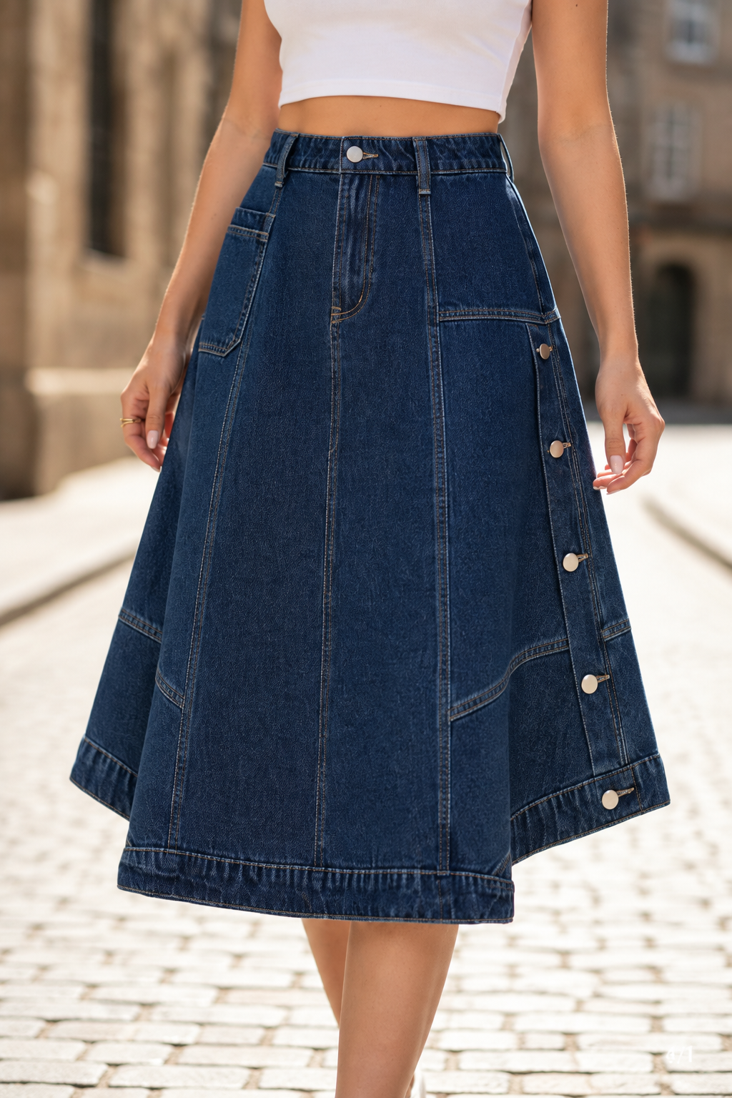 Dark blue denim midi skirt close-up: high waist, front seams, side buttons