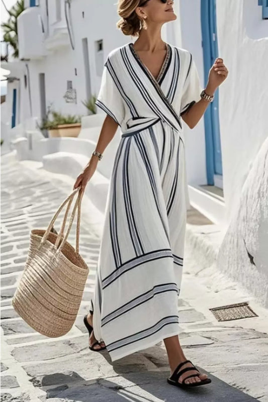 Striped wrap maxi dress in white, half sleeves, V-neck with navy stripes
