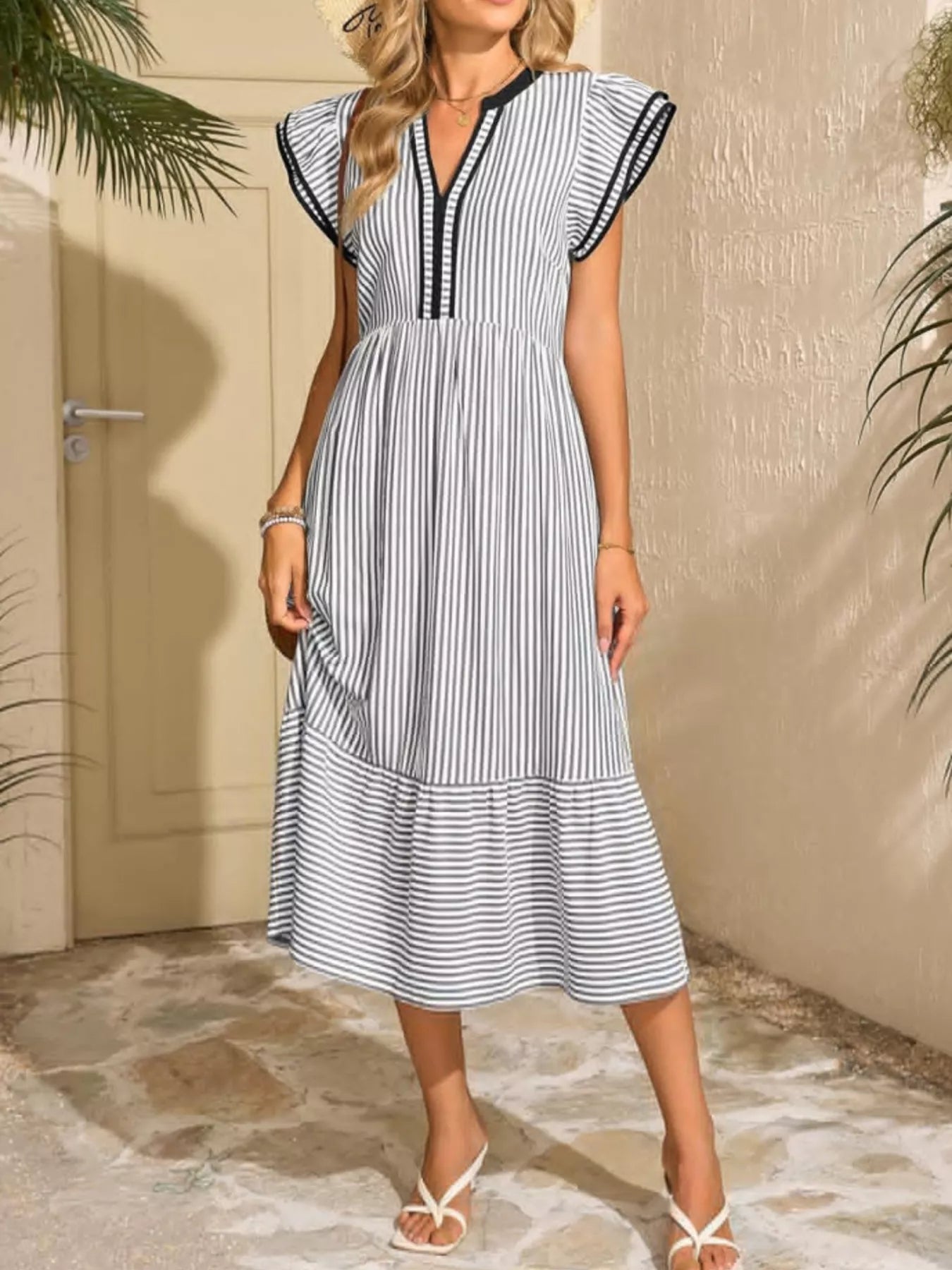 Striped Ruffle Sleeve Midi Dress | Women's Striped Midi Dress