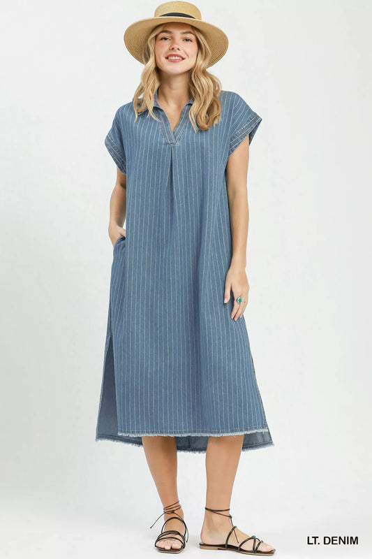 Light denim pinstripe collared midi dress with short sleeves and side slits
