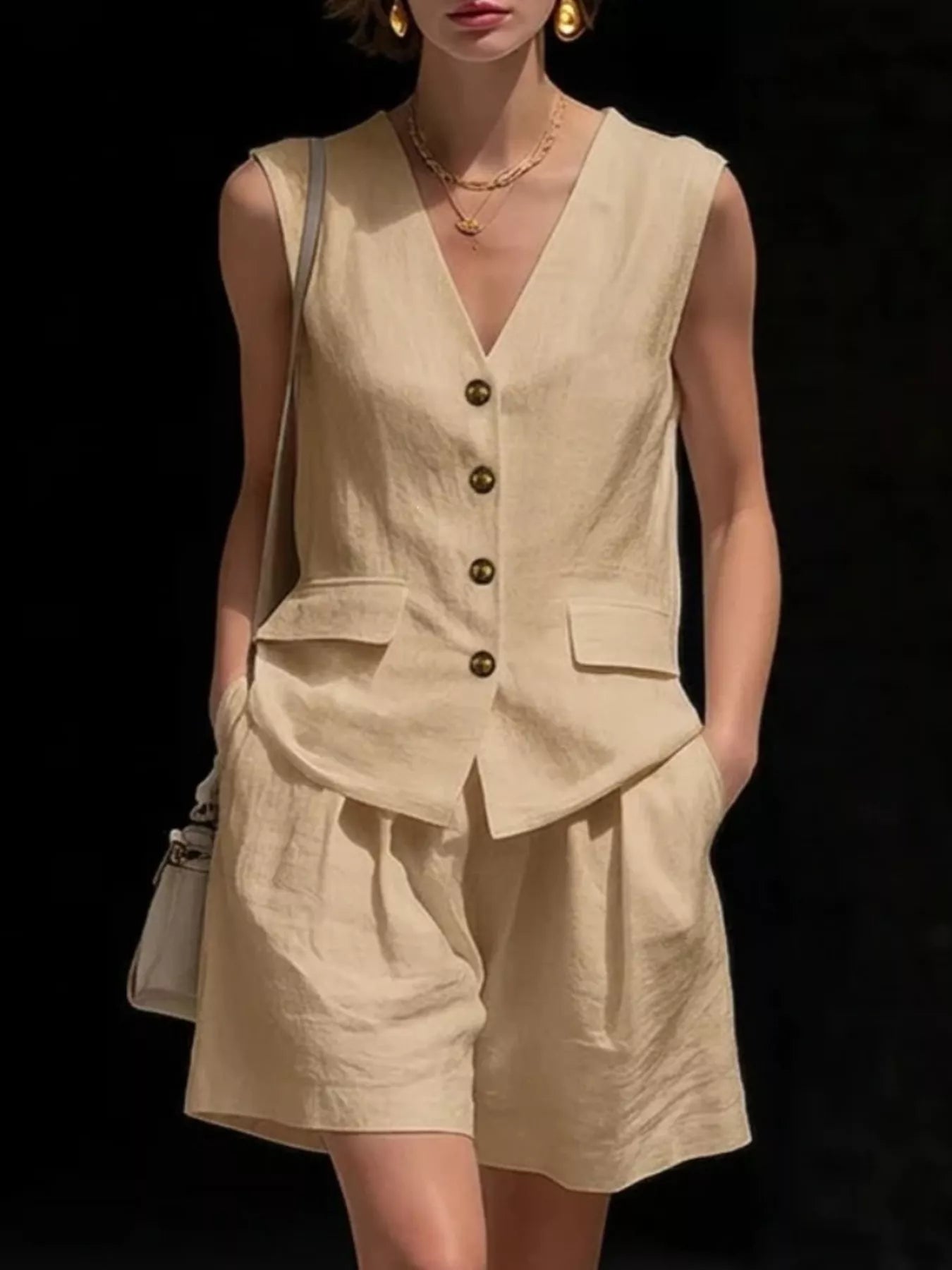 Khaki linen-look sleeveless vest and shorts set, V-neck button front, patch pockets
