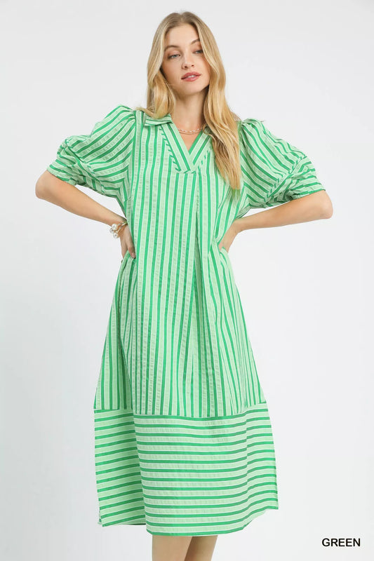 Green striped midi dress with V-neck and puff sleeves, tiered hem