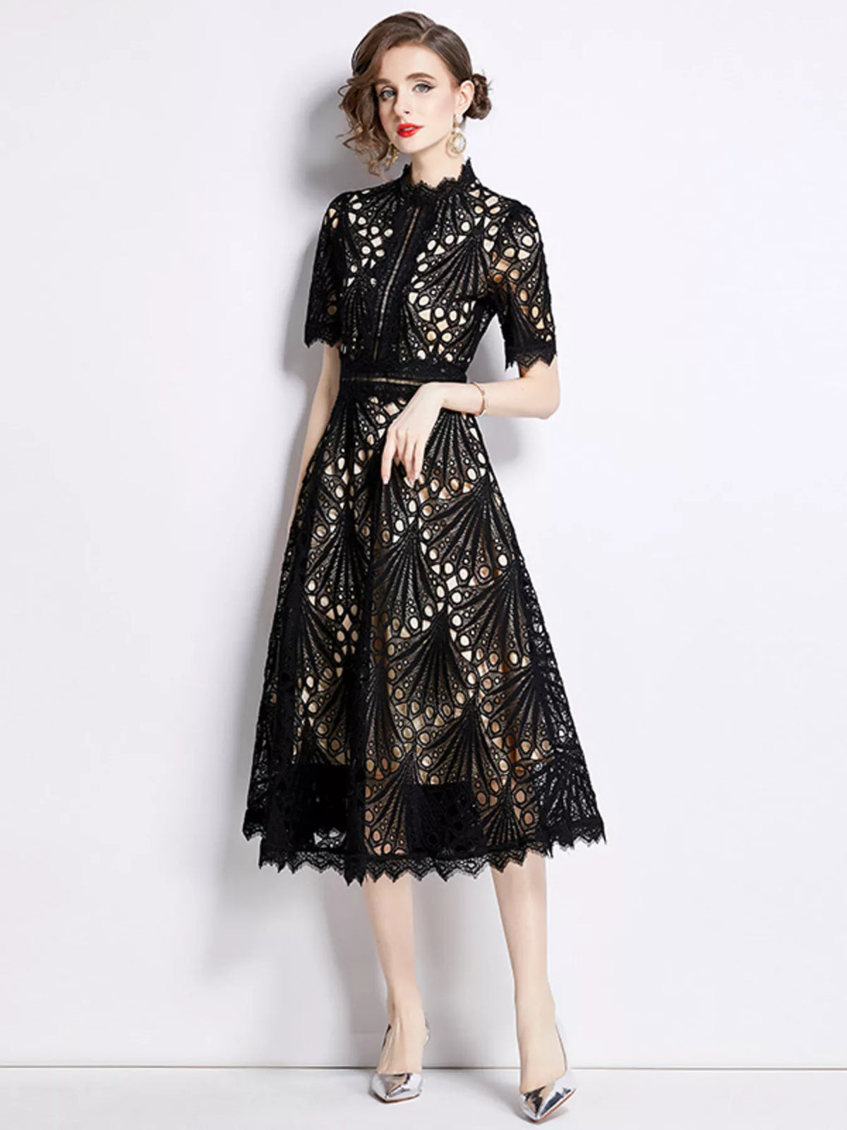 Plus-size lace short-sleeve midi dress in black, layered lace bodice and mid-calf skirt