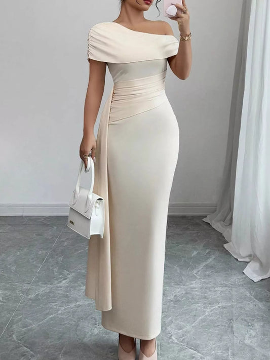 Ruched one-shoulder maxi dress in light beige, draped neckline and fitted bodice
