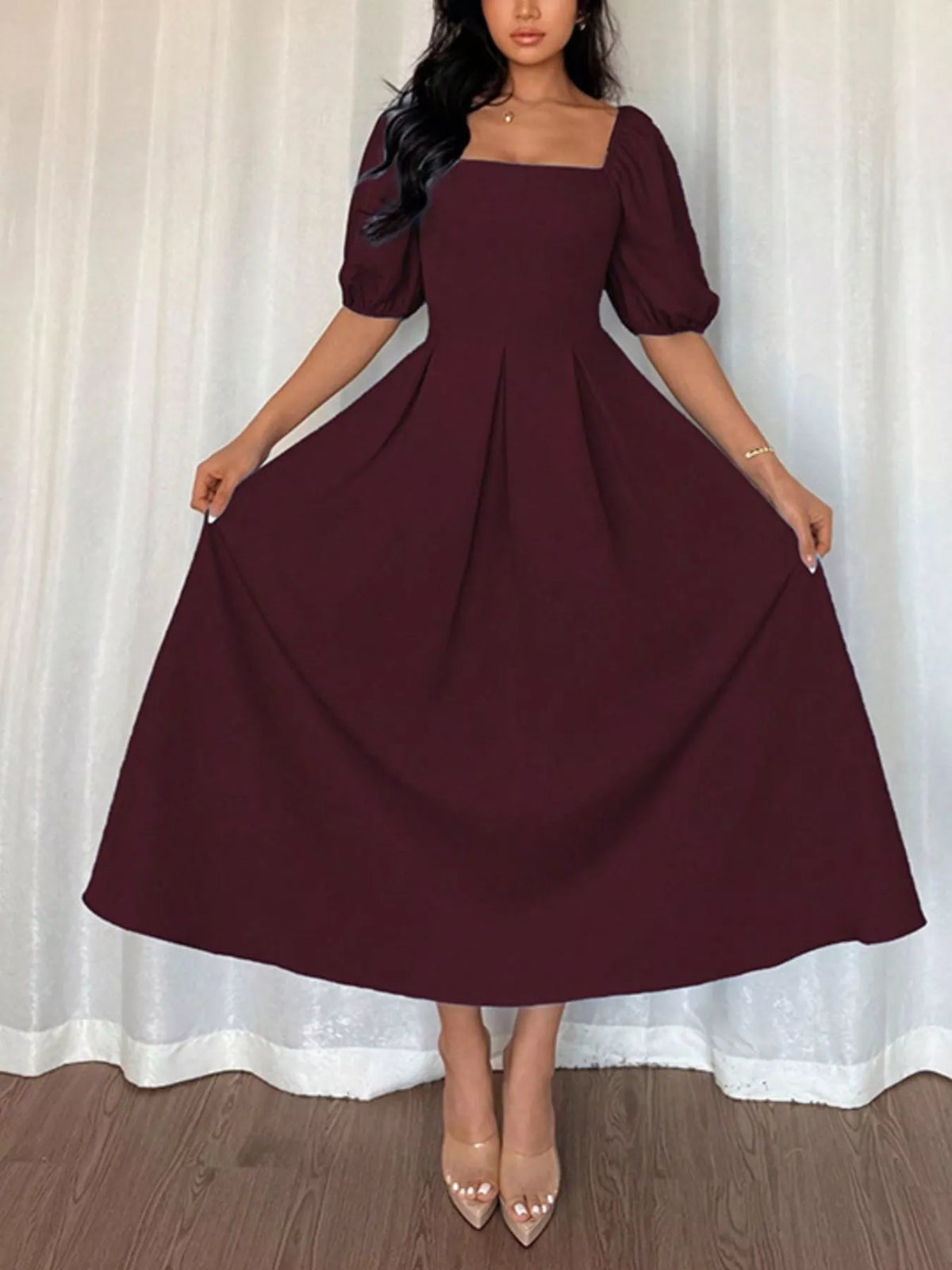 Burgundy square-neck flutter sleeve midi dress, front view with gathered bodice and skirt